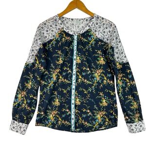 Sundance Stories To Be Told Mixed Media Floral Button Front Blouse Long Sleeve M